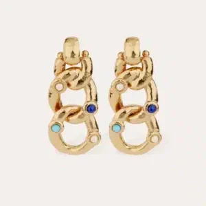 Boucles d'oreilles Mitsi grand modèle dorées - Lapis, Turquoise & Nacre blanche
