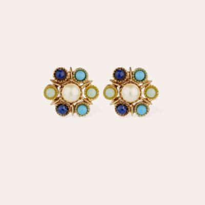 Boucles d'oreilles Augusta dorées - Lapis, Turquoise & Amazonite