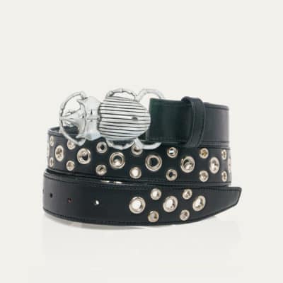 Ceinture Scarabée  Cuir Nappa Noir Avec Oeillets