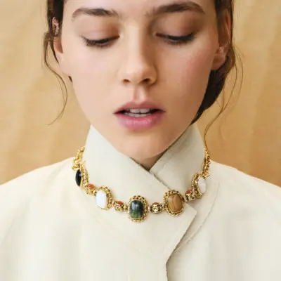 Collier Amarante doré - Vesonite, Basalte noir & Bois